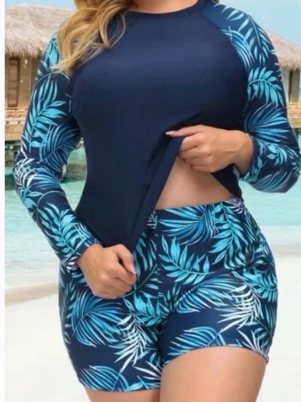 NWT Hanna Nikole Two Piece Womens Swim Set Shirt & Shorts Tropical Navy Blue 22W